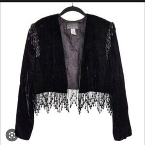 Alex Evenings Black Velvet Jacket with Beaded Fringe